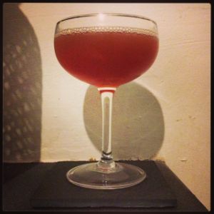 An image of the 19th Century cocktail submitted by n0tquitethere that contains Bourbon, Crème de Cacao Blanc, Dubonnet Rouge and Lemon