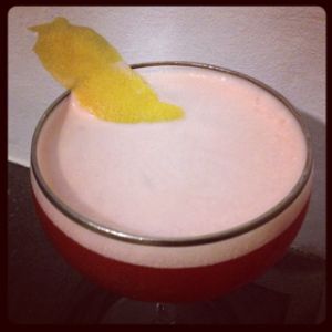 An image of the Billionaire cocktail submitted by n0tquitethere that contains Bourbon, Lemon, Simple Syrup, Grenadine, Absinthe Bitters and Lemon