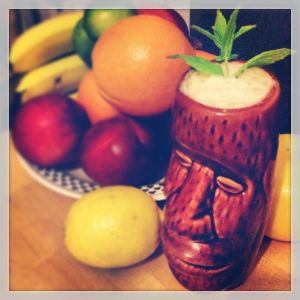 An image of the Don the Beachcomber's Zombie cocktail submitted by n0tquitethere that contains Pineapple Juice, Lemon, Lime, Passion Fruit Syrup, Demerara Sugar, Angostura Bitters, Gold Rum, Dark Rum, White Rum and Mint
