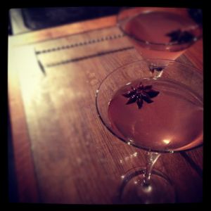 An image of the Falling Leaves cocktail submitted by n0tquitethere that contains Dry Riesling, Pear Brandy, Curaçao Triple Sec, Honey Syrup, Peychauds Bitters and Star Anise