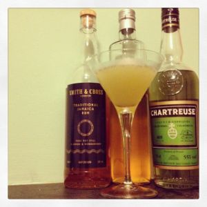 An image of the Final Voyage cocktail submitted by n0tquitethere that contains Smith & Cross, Green Chartreuse, Apricot Brandy and Lime