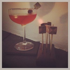 An image of the Horsecar cocktail submitted by n0tquitethere that contains Rye Whiskey, Dry Vermouth, Sweet Vermouth, Orange Bitters and Cocktail Cherry
