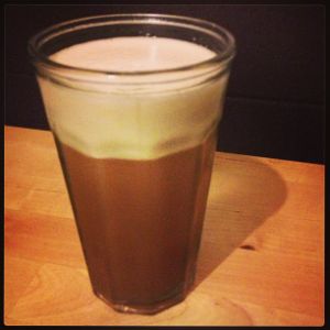 An image of the Kingston Fizz cocktail submitted by n0tquitethere that contains Gold Rum, Lime, Allspice Dram, Absinthe, Angostura Bitters, Egg and Coca-Cola