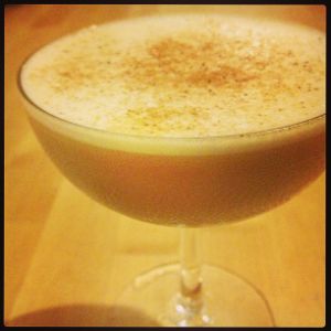An image of the Old York Flip cocktail submitted by n0tquitethere that contains Rye Whiskey, Crème de Cacao Blanc, Fernet Branca, Cream, Egg and Nutmeg