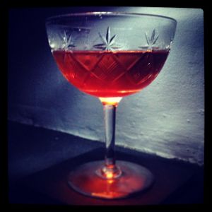An image of the Red Shadow cocktail submitted by n0tquitethere that contains Cherry Brandy, Rye Whiskey and Apricot Brandy