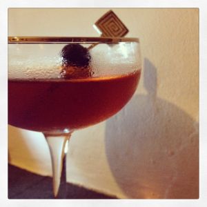 An image of the Remember The Maine cocktail submitted by n0tquitethere that contains Rye Whiskey, Sweet Vermouth, Cherry Brandy, Absinthe and Cocktail Cherry