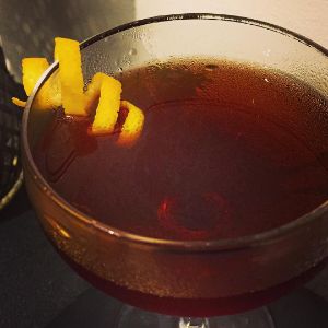 An image of the Remember the Maine cocktail submitted by n0tquitethere that contains Rye Whiskey, Sweet Vermouth, Cherry Brandy, Absinthe and Lemon