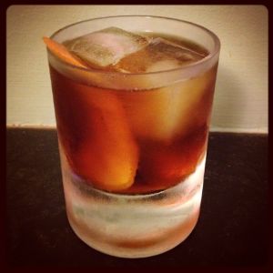 An image of the The Maloney No. 2 cocktail submitted by n0tquitethere that contains Bourbon, Sweet Vermouth, Cynar, Maraschino Liqueur and Orange