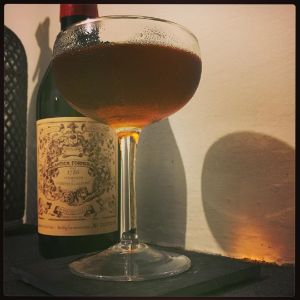 An image of the Warday's cocktail submitted by n0tquitethere that contains London Dry Gin, Apple Brandy, Sweet Vermouth and Green Chartreuse